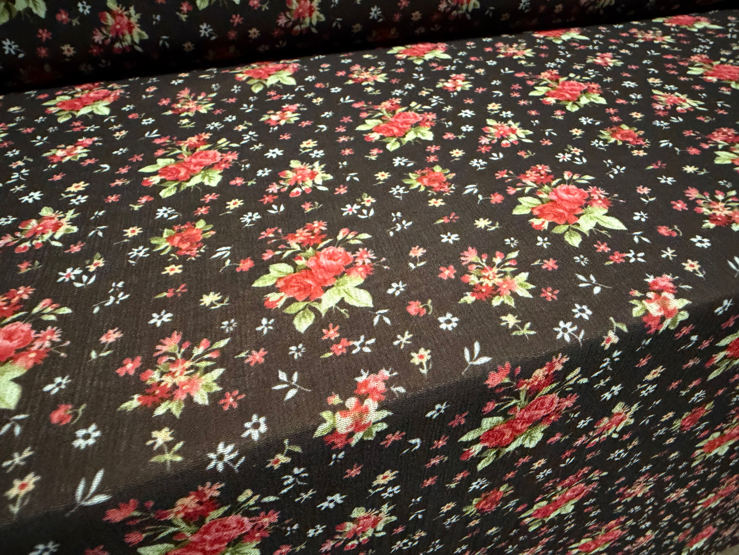 Chiffon yoryu lightweight dress fabric, per metre - ditsy floral print - black red & green