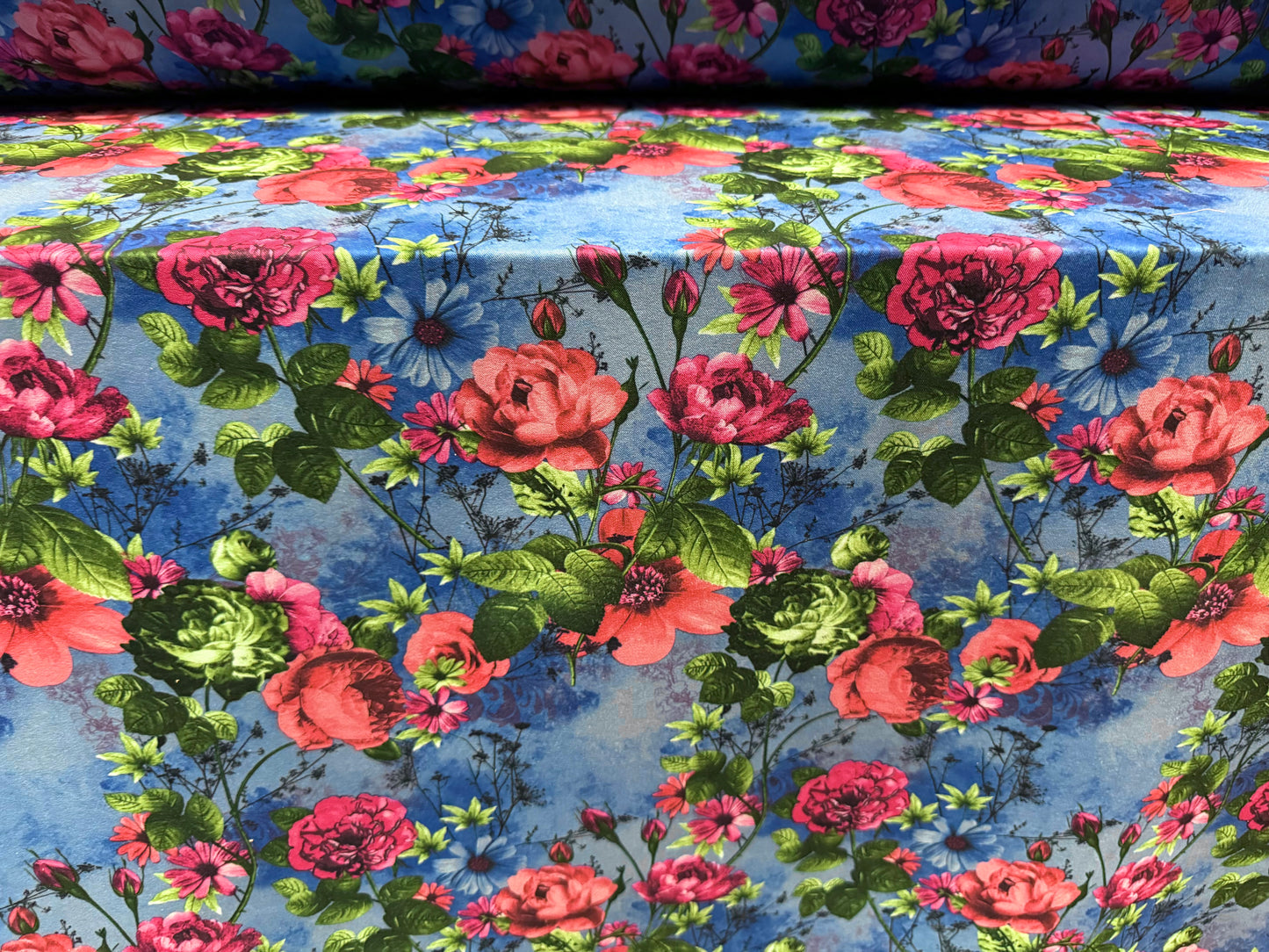 Barcelona stretch woven dress fabric, per metre - roses floral print - blue & pink