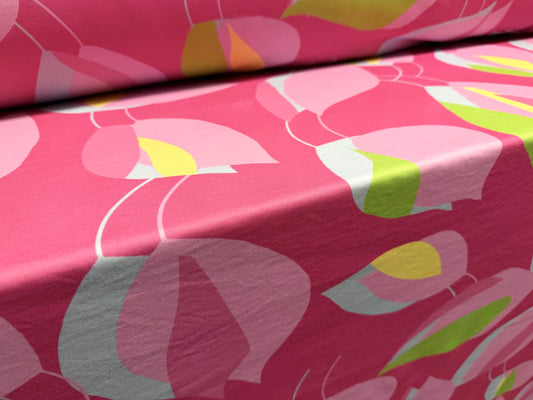 Toledo double jersey fabric, per metre - petals print - pink & green
