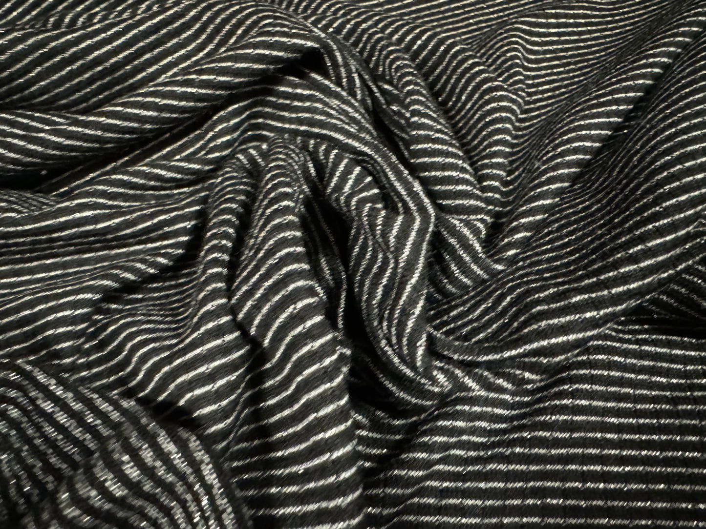 Stretch metallic single jersey fashion fabric, per metre - pinstripe - black with silver lurex