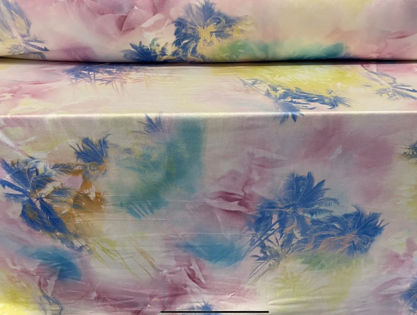 Soft touch stretch spandex single jersey fabric, per metre - Hawaiian palm trees print - multicolour pastels