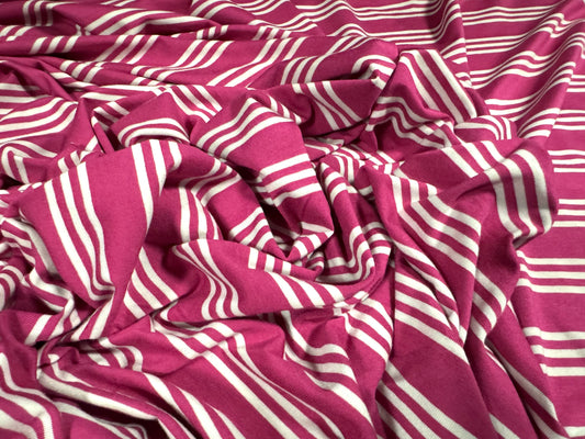 Viscose spandex stretch single jersey fabric, per metre - track stripe - cerise pink & white