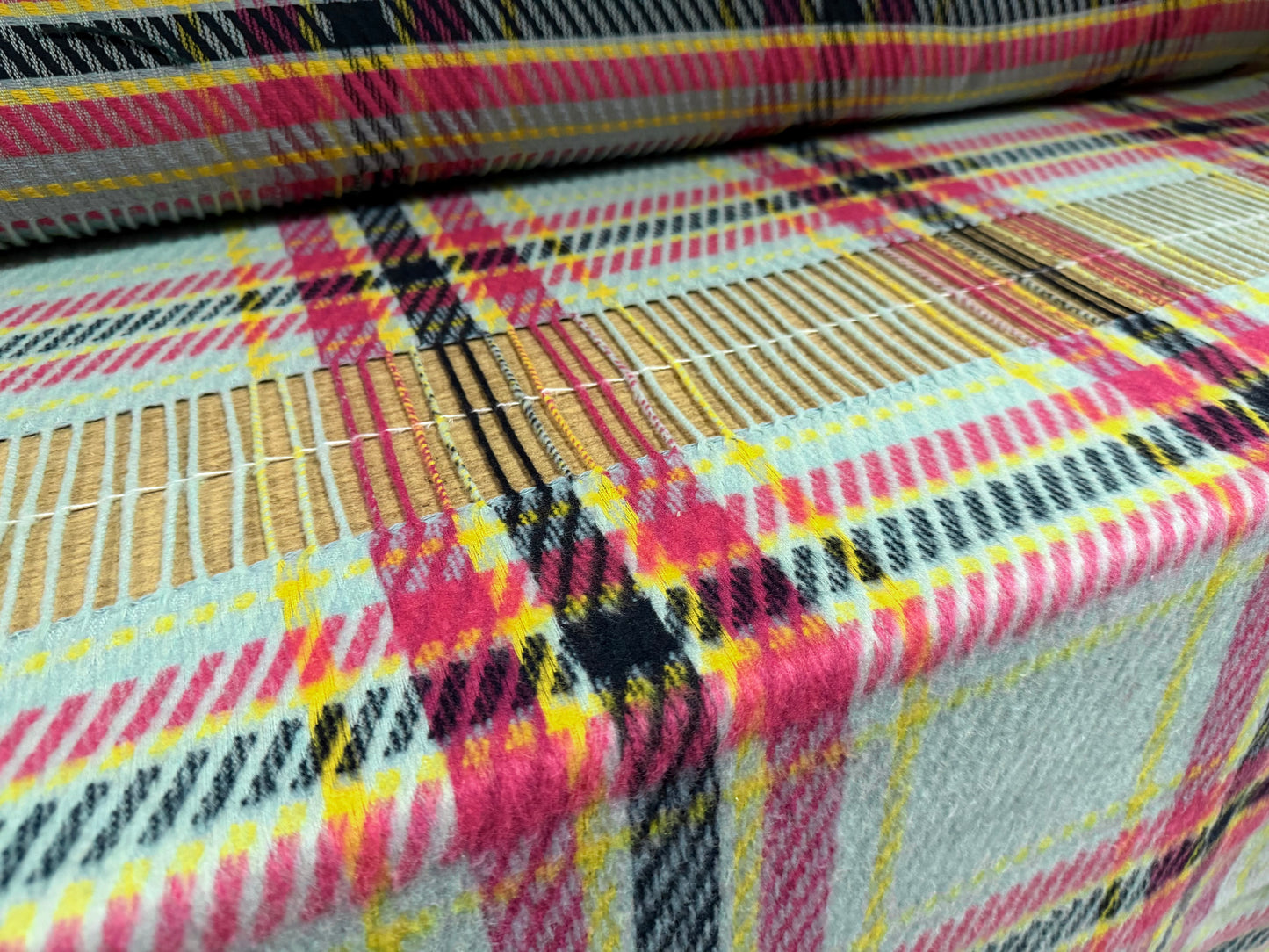 Heavyweight wool fringe flannel fabric, per metre - tartan - aqua & cerise