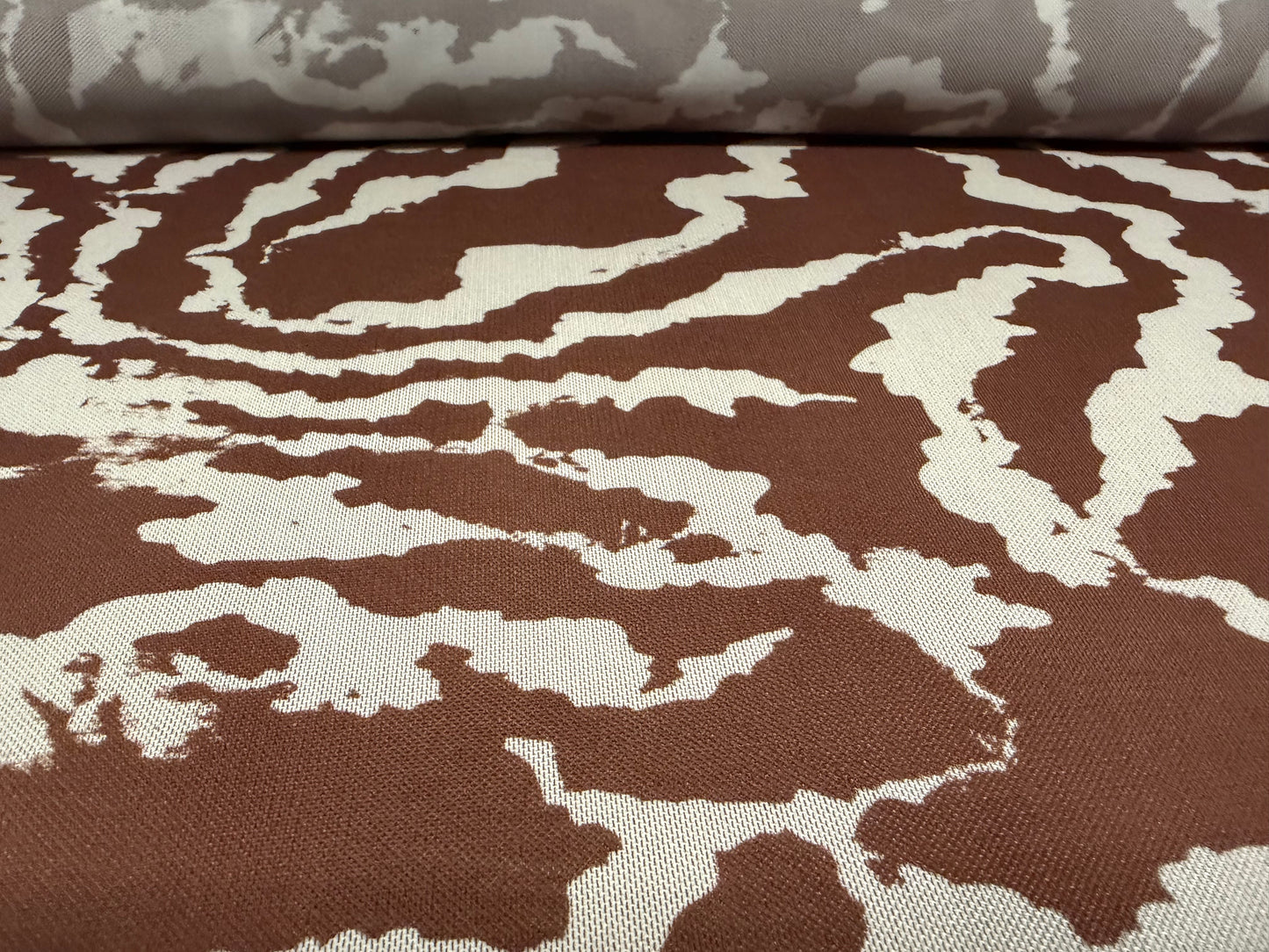 Power mesh net stretch spandex fabric, per metre - animal print - brown & cream