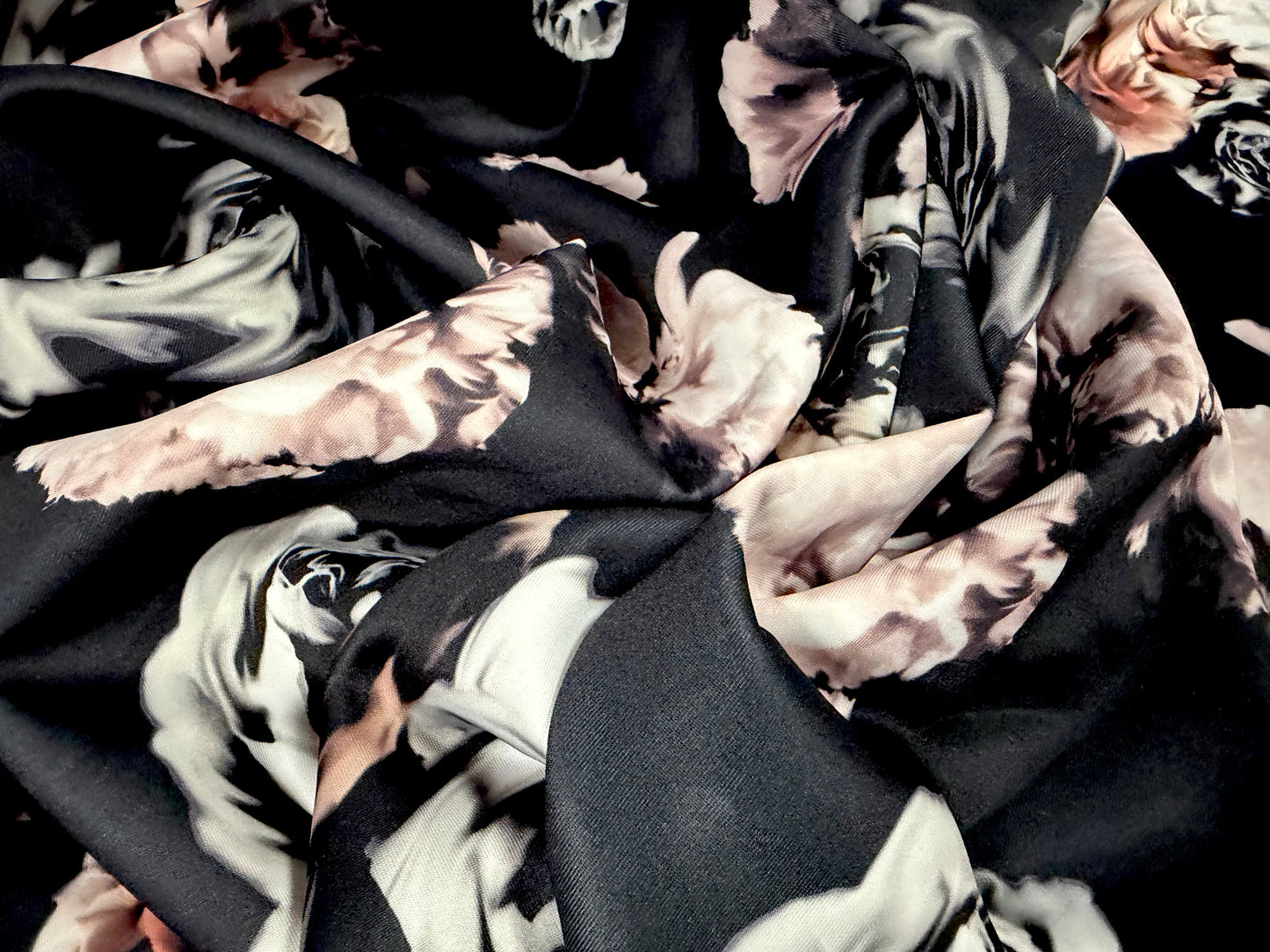 Scuba stretch spandex double jersey fabric, per metre - rose print - black grey & blush
