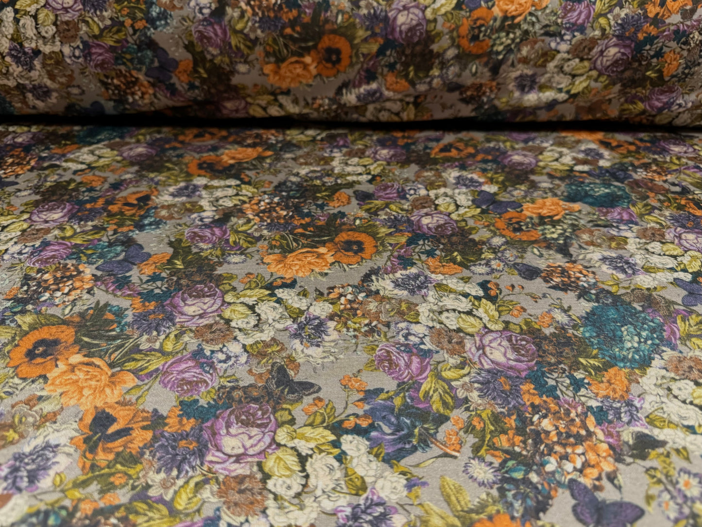 Disco stretch single jersey fabric, per metre - Butterfly Garden print - taupe orange & purple