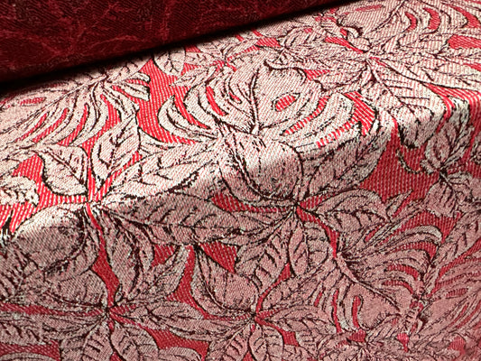 Stretch double jersey fabric, per metre - leaf jacquard - raspberry pink