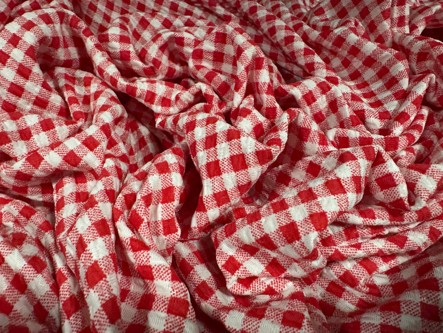 Stretch spandex jersey jacquard fabric, per metre - gingham print - red & white