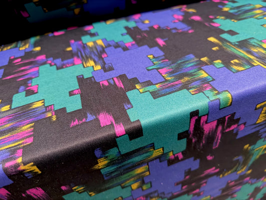 Scuba stretch spandex double jersey dress fabric, per metre - jigsaw block print - jade violet & pink