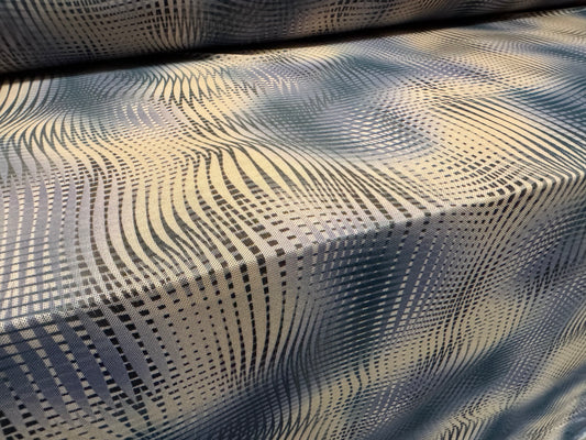 Power mesh net stretch spandex fabric, per metre - psychedelic swirl print - blue & cream