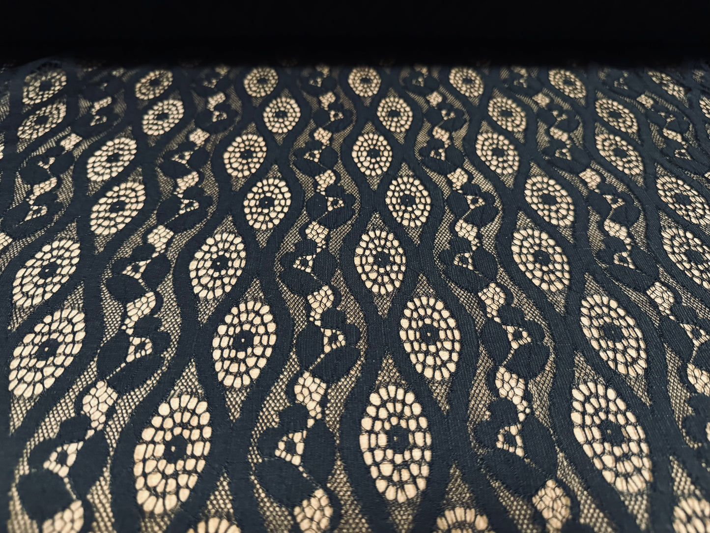 Cotton lace dress fabric, per metre - floral wave design - black