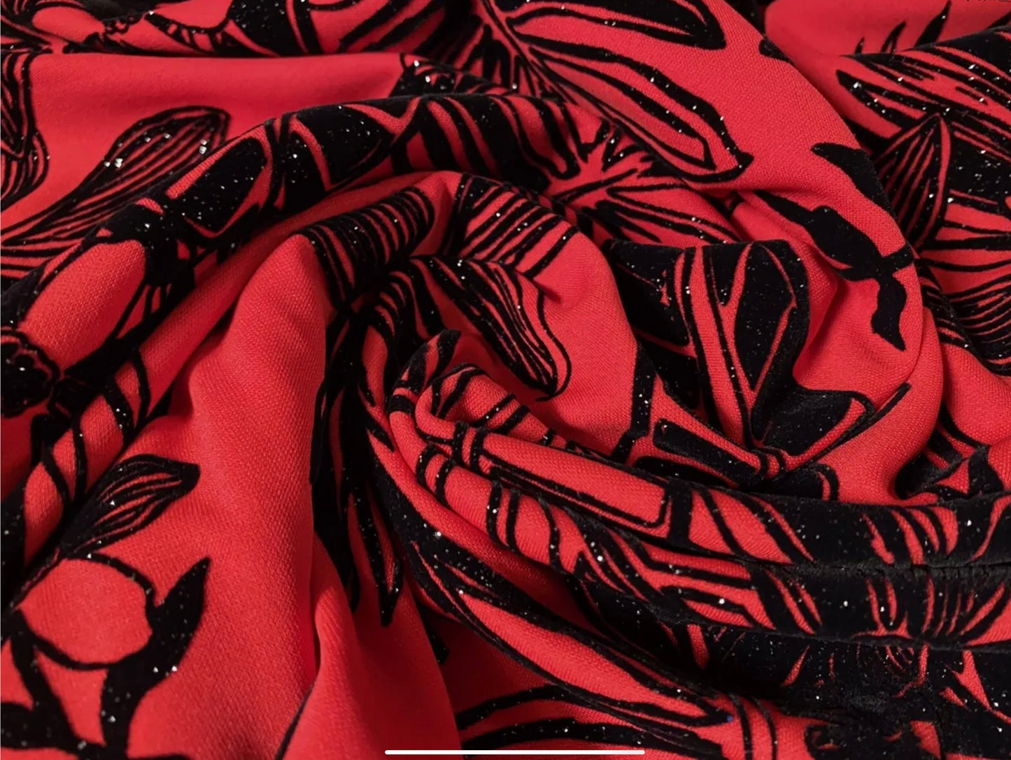 Stretch spandex double jersey fabric, per metre - jungle leaf print with glitter sparkle - red & black