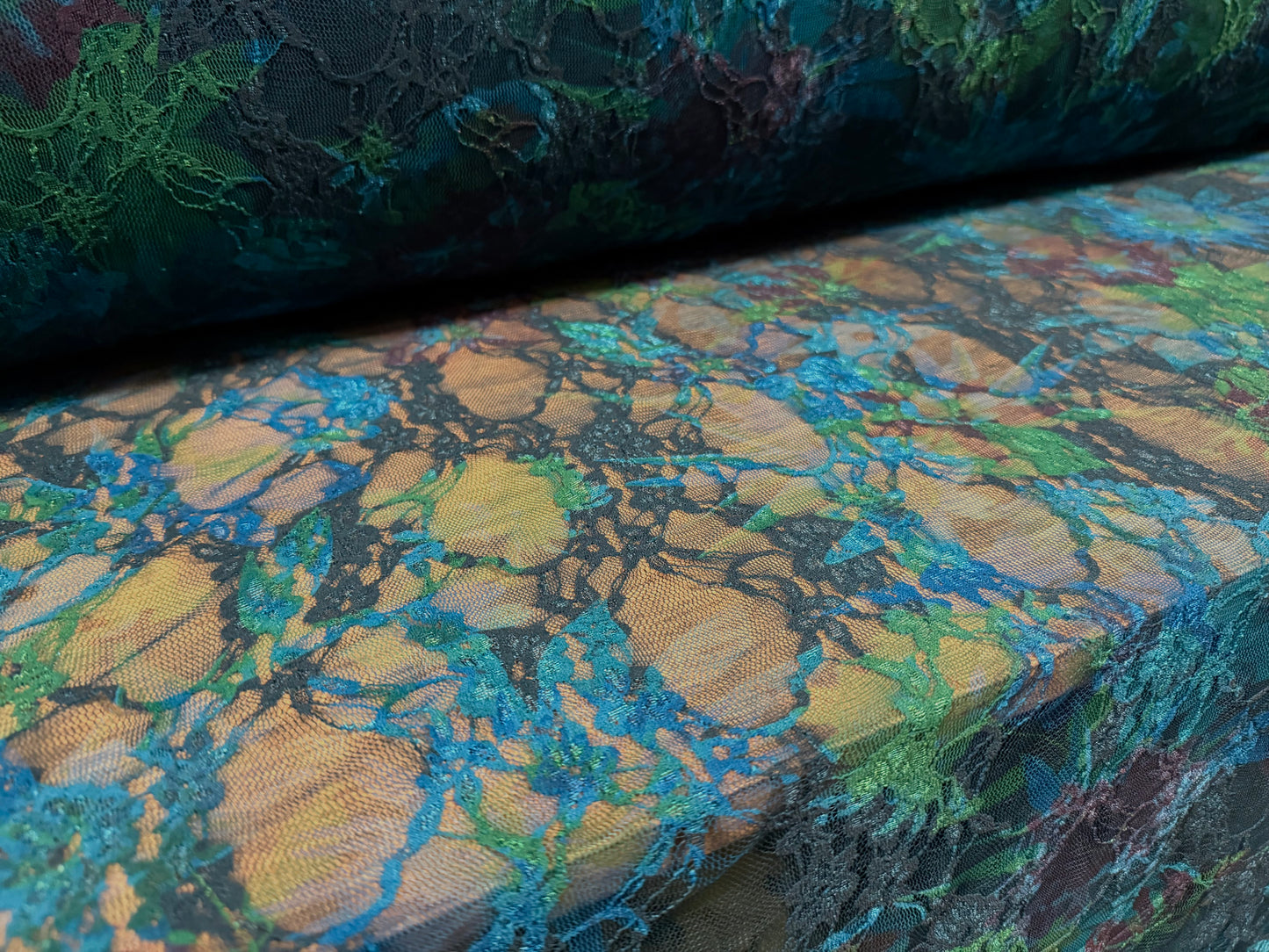 Stretch spandex mesh lace fabric, per metre - floral print - blue green & purple