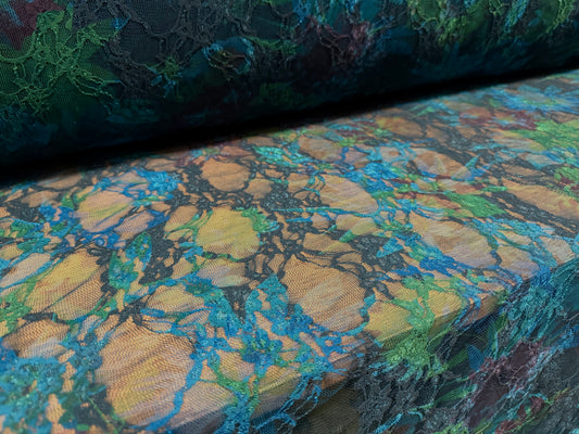 Stretch spandex mesh lace fabric, per metre - floral print - blue green & purple