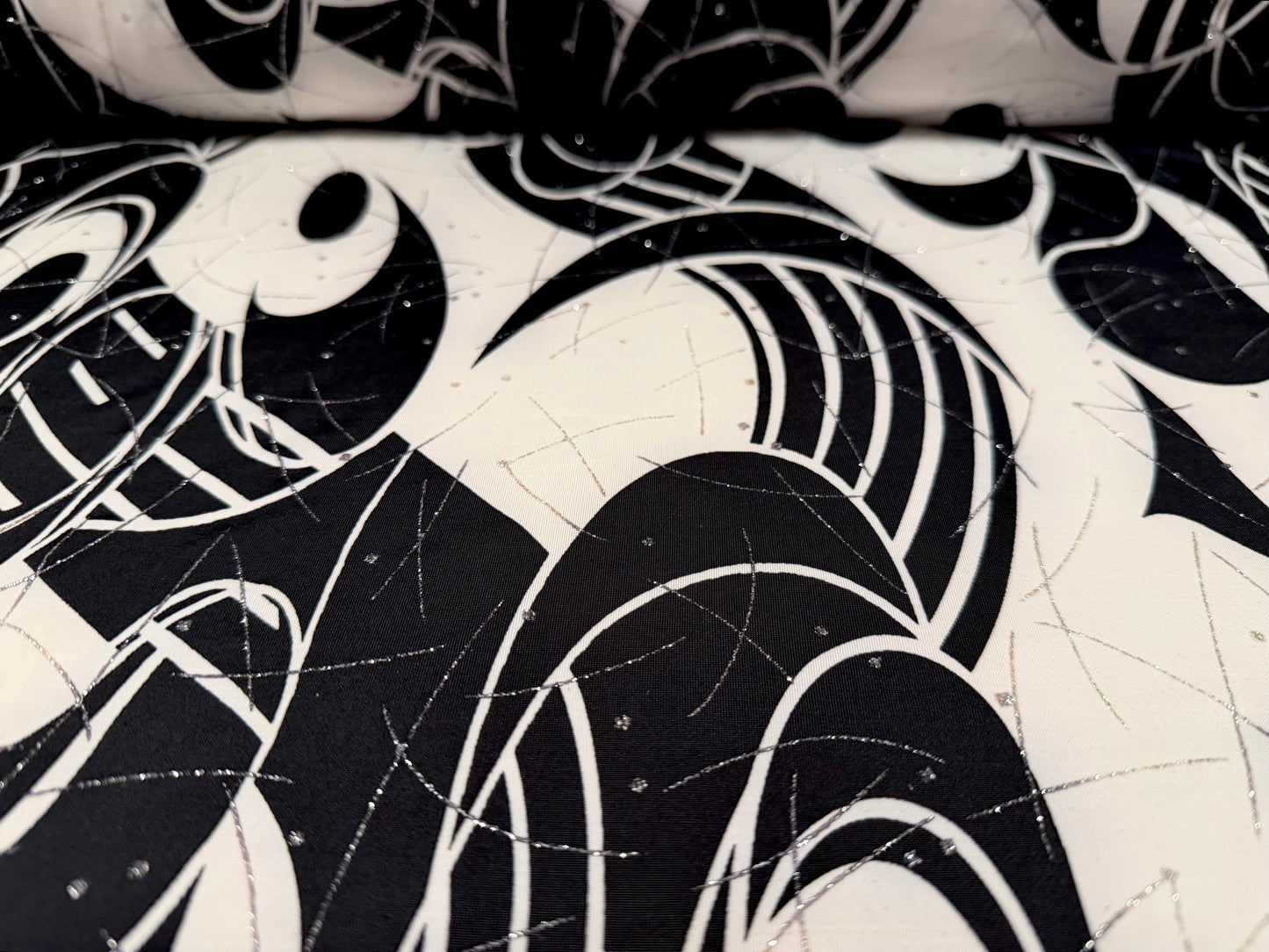 Metallic stretch single jersey fabric, per metre - Boho print - black ivory & silver
