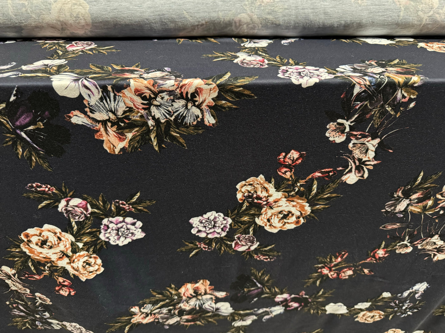 Soft handle single jersey fabric, per metre - floral print - grey with multicolour roses