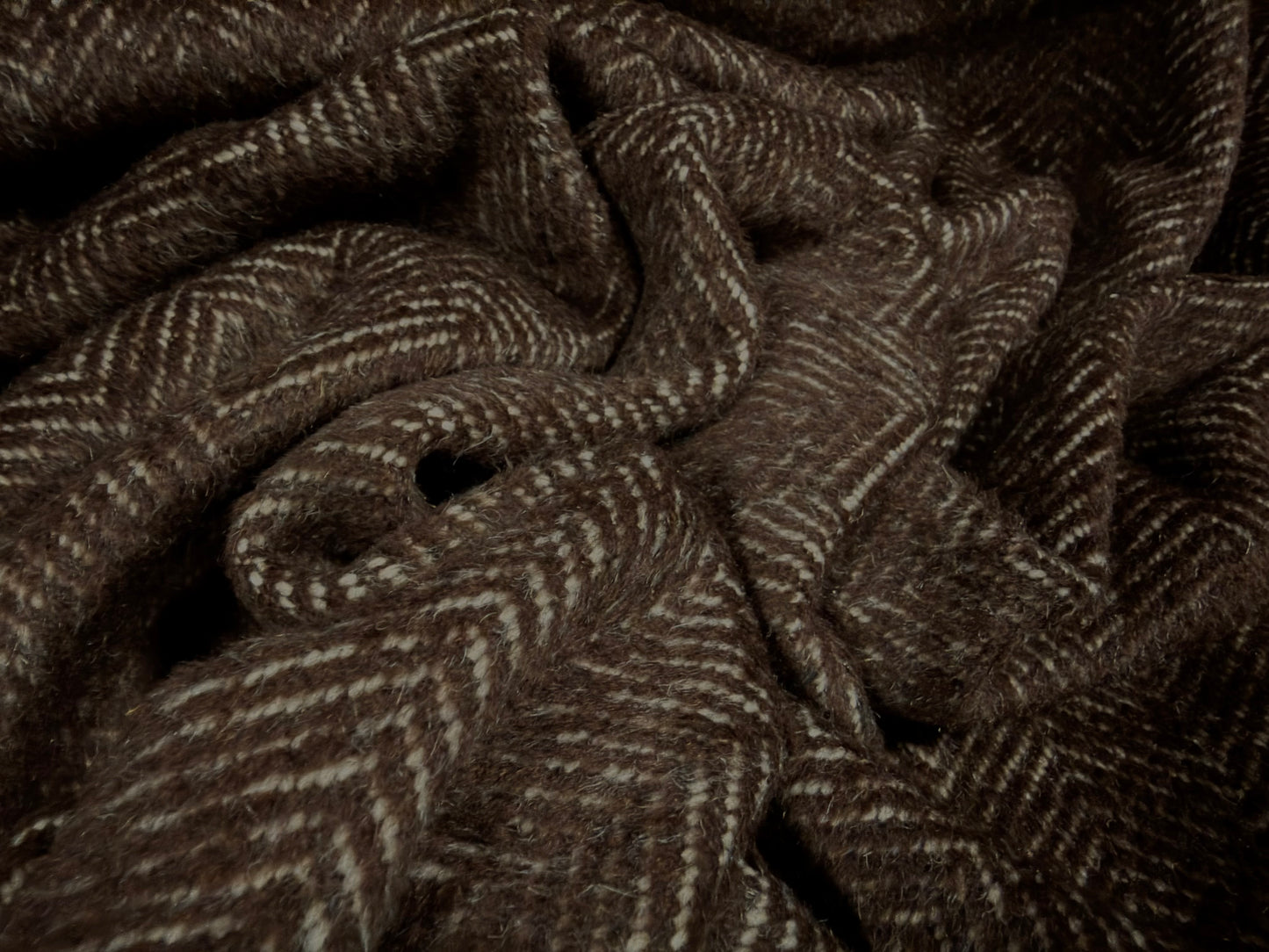 Heavyweight wool coat & jacket fabric, per metre - herringbone - dark brown