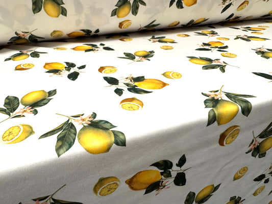 Scuba stretch spandex double jersey dress fabric, per metre - lemons print - yellow & white