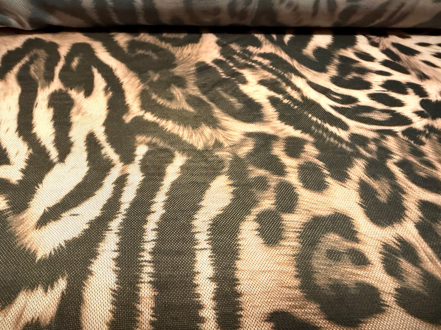 Power mesh net stretch spandex fabric, per metre - Safari Chic print - nude