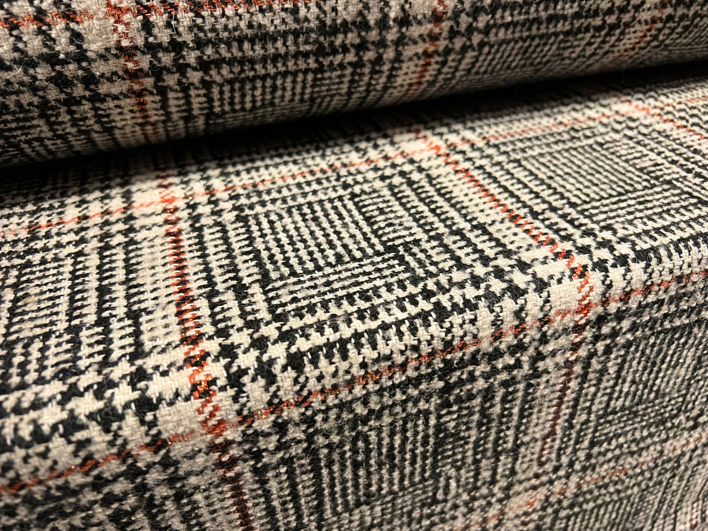 Metallic Wool jacquard woven fabric, per metre - lurex check - grey orange & gold