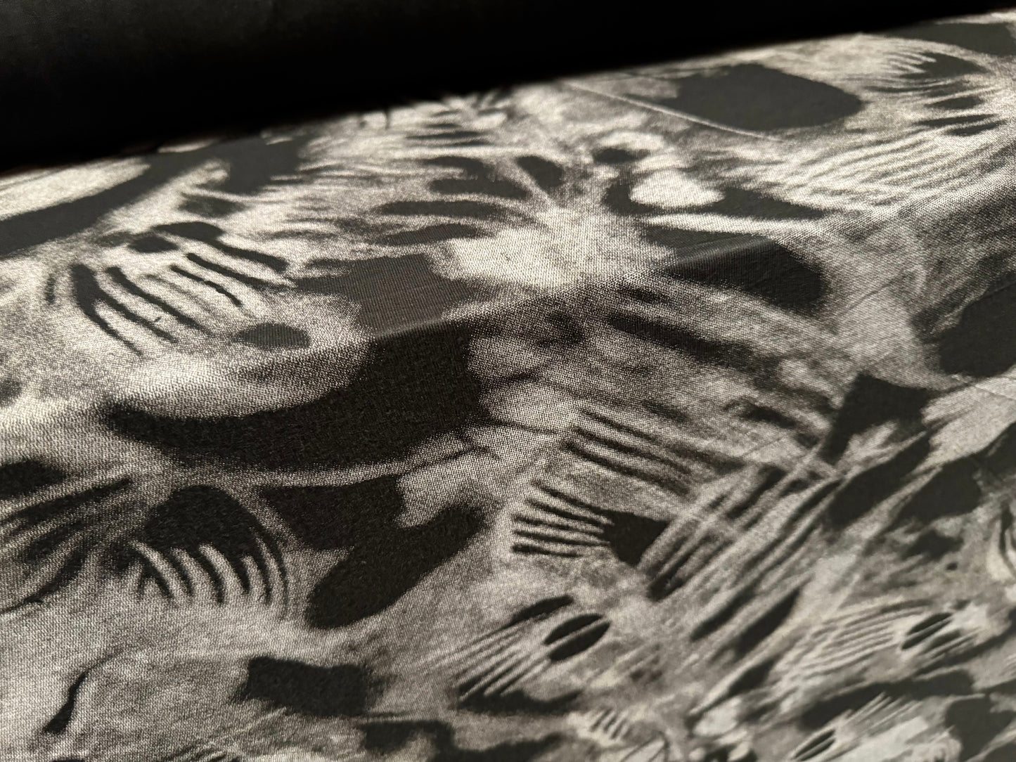 Viscose spandex stretch single jersey fabric, per metre - smudge leaf print - black & grey