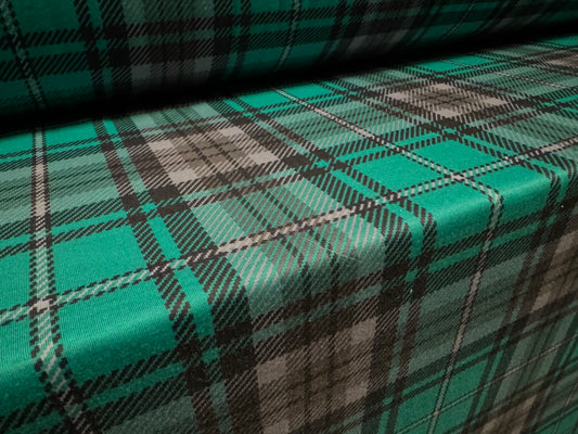 Soft handle single jersey fabric, per metre - tartan print - emerald green & grey