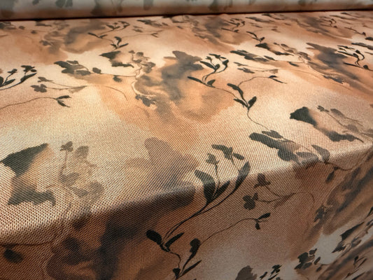 Power mesh net stretch spandex fabric, per metre - ink wash floral print - dusky peach