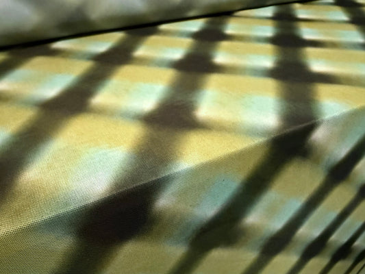 Power mesh net stretch spandex fabric, per metre - Argyle Smudge print - turquoise & mustard