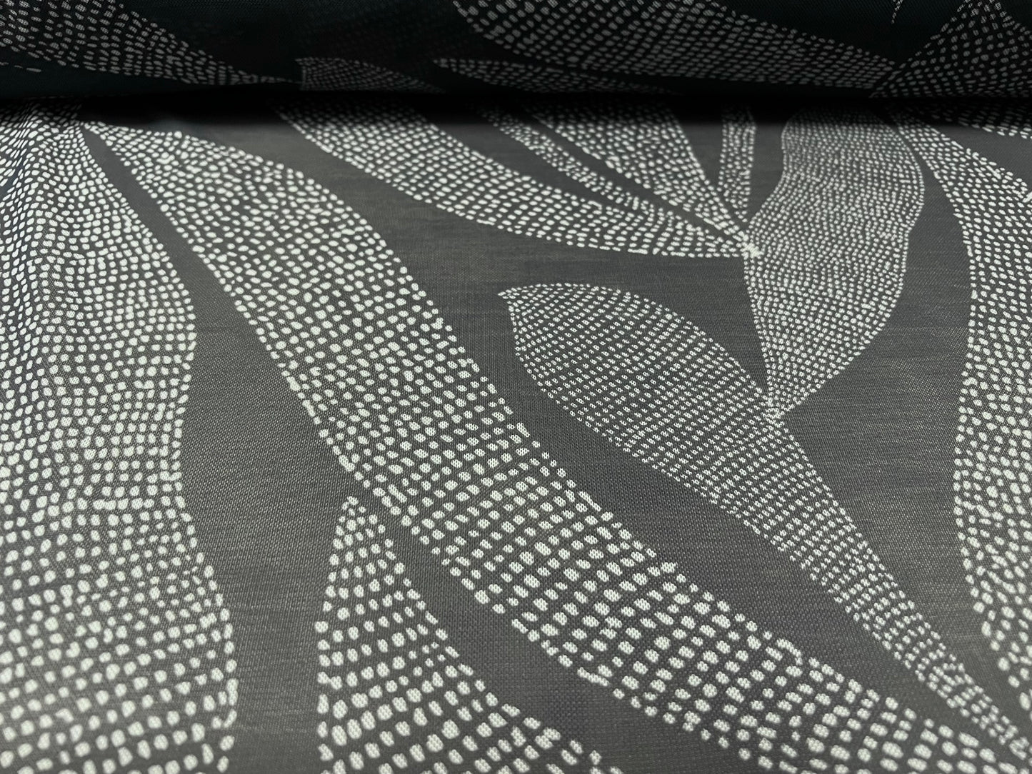 Power mesh net sheer stretch spandex fabric, per metre - stylised leaf print - grey