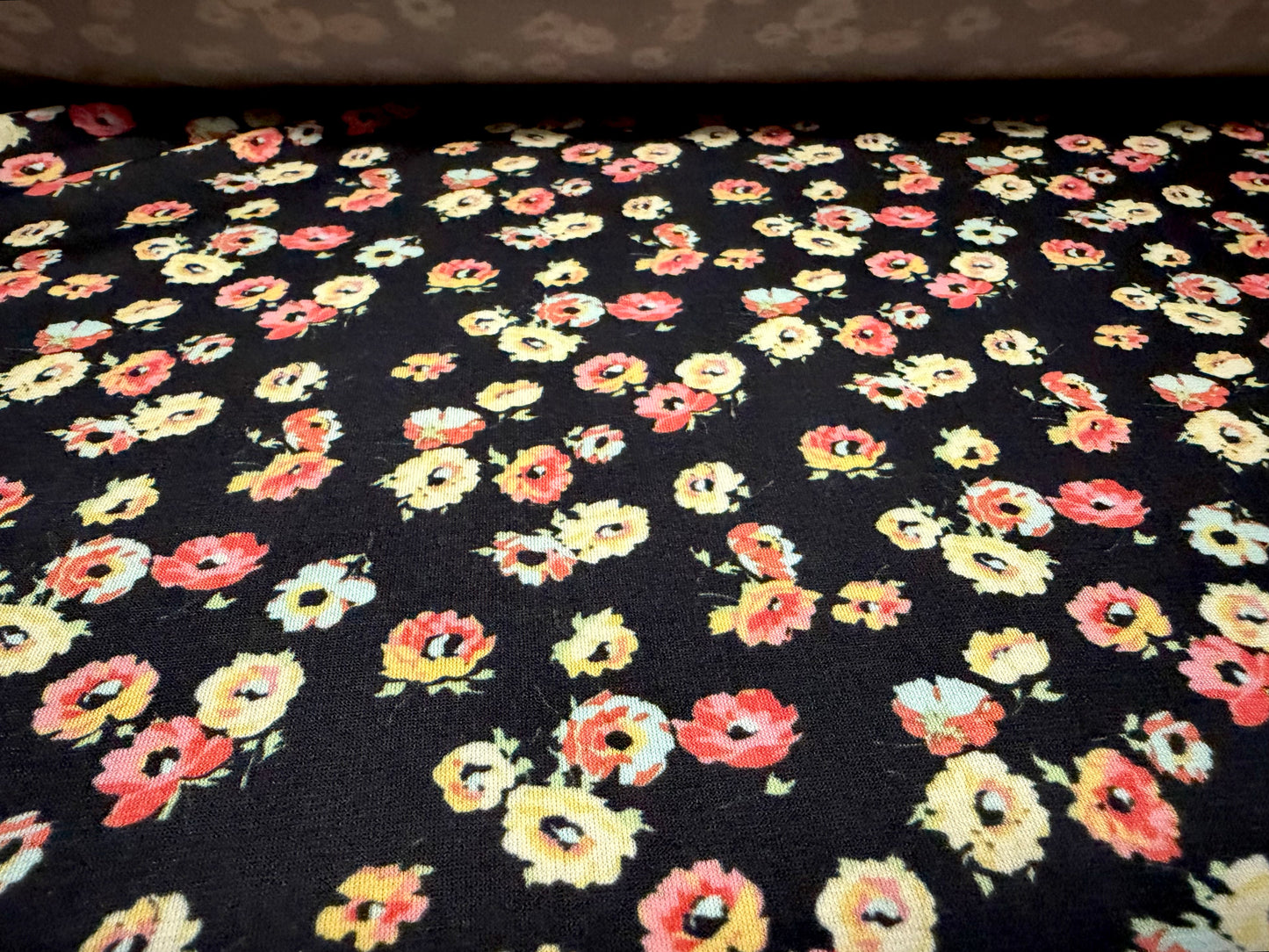 Stretch spandex jersey fabric, per metre - anemone flower print - black pink & lemon