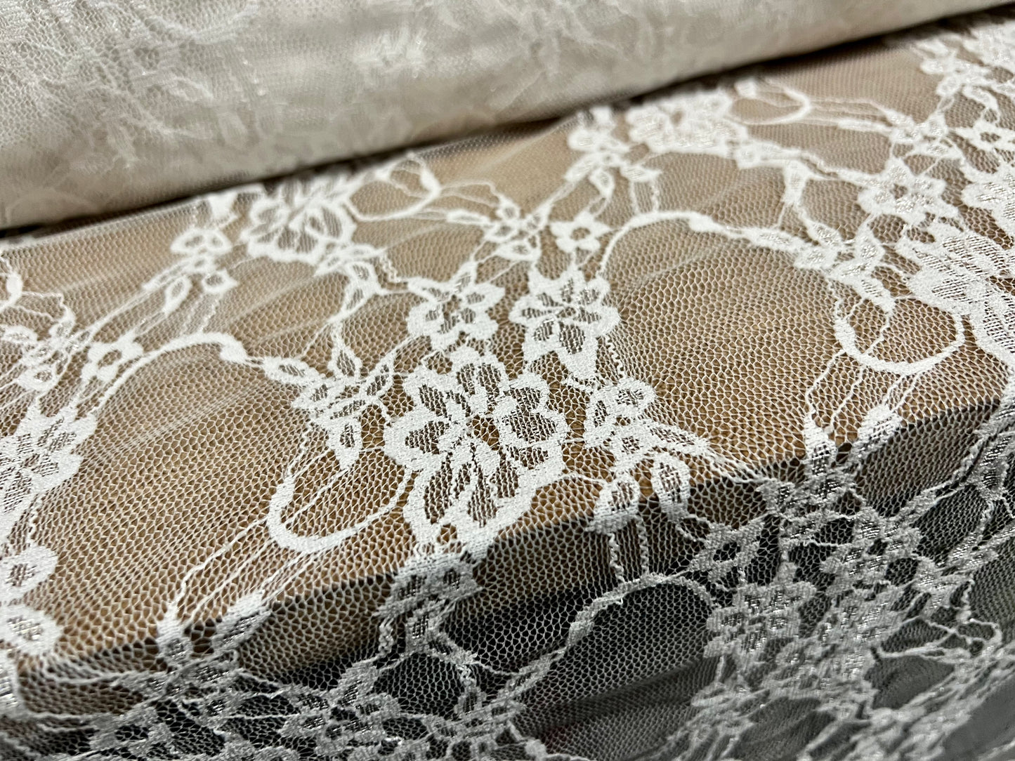 Stretch spandex mesh lace net fabric, per metre - floral - ivory