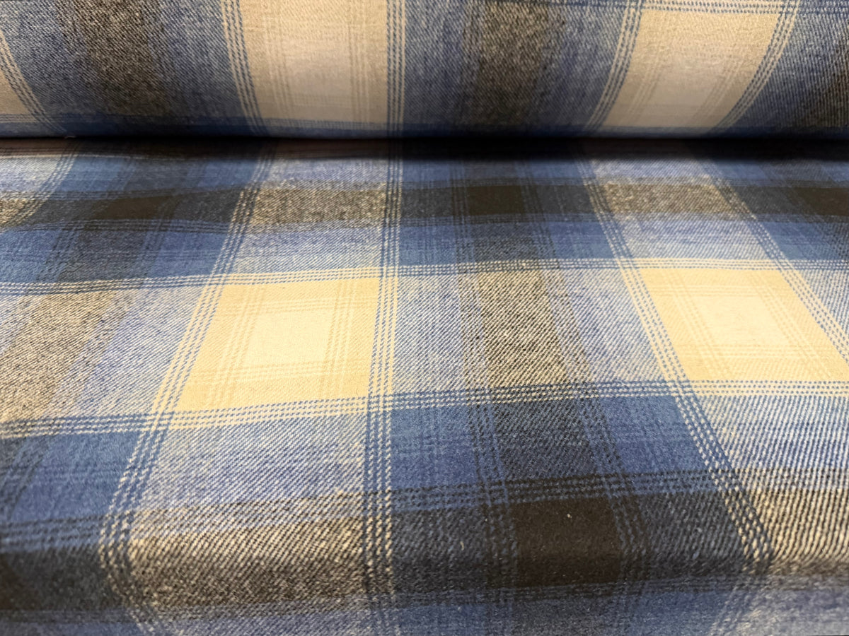 Wool flannel fabric, per metre - checkered - blues