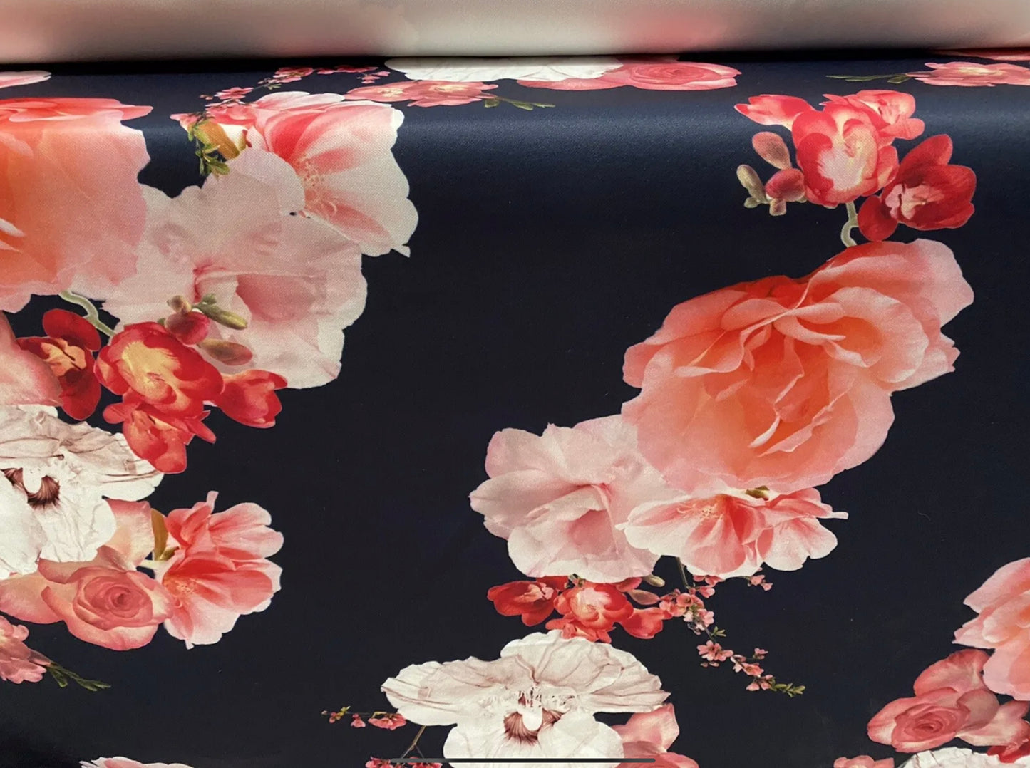 Scuba stretch spandex double jersey dress fabric, per metre - roses and lillies floral print - navy blue & pink