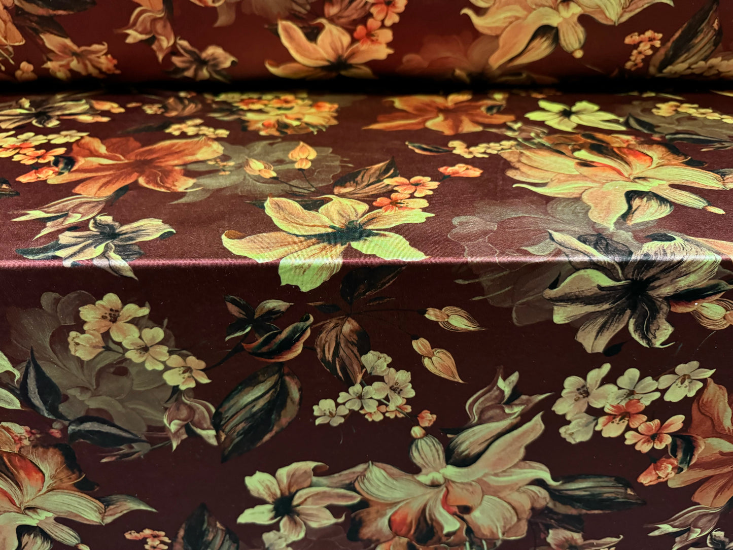 Soft touch stretch spandex single jersey fabric, per metre - lily print - chestnut brown & lime