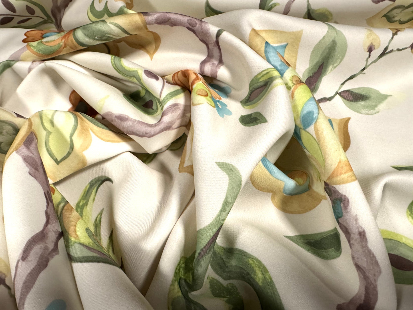 Scuba stretch spandex double jersey fabric, per metre - rambling rose print -cream