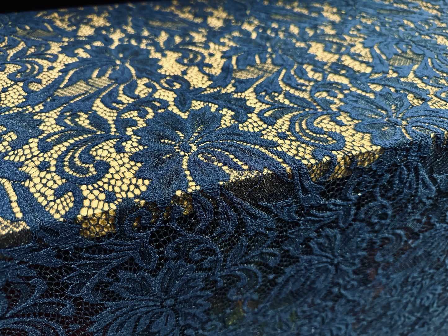 Soft stretch lace dress fabric, per metre - scalloped selvedge - floral - navy blue