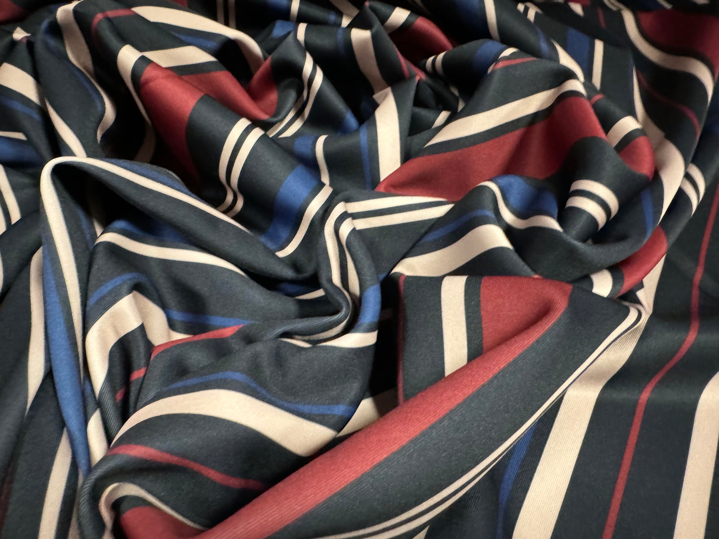 Scuba stretch spandex double jersey fashion fabric, per metre - Baiadera stripe print - black & wine