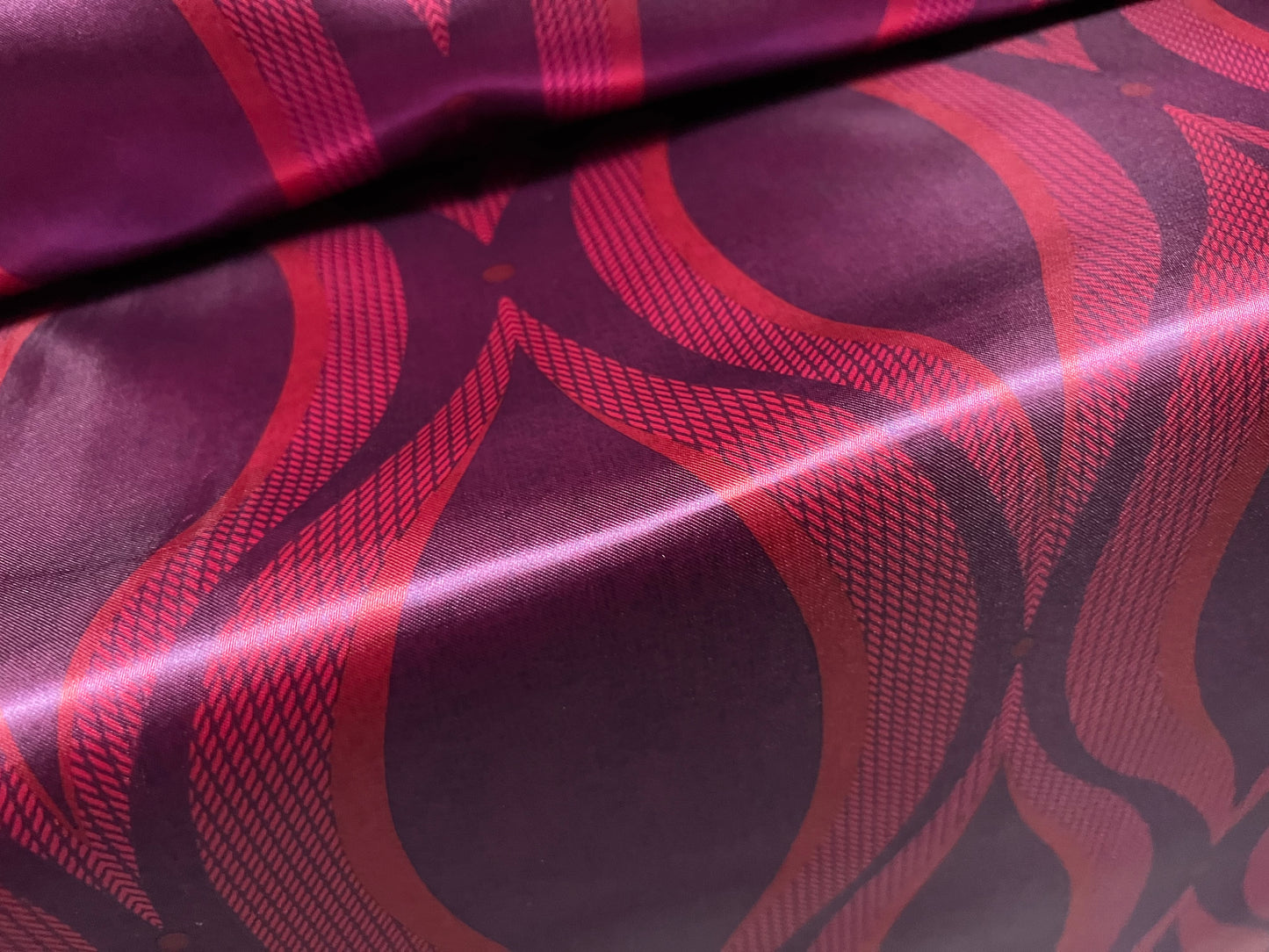 Silky Satin woven dress fabric, per metre - wave print - purple & fuchsia