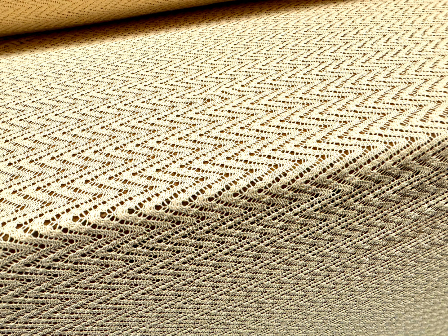 Crochet lace dress fabric with decorative selvedge, per metre - zigzag - cream