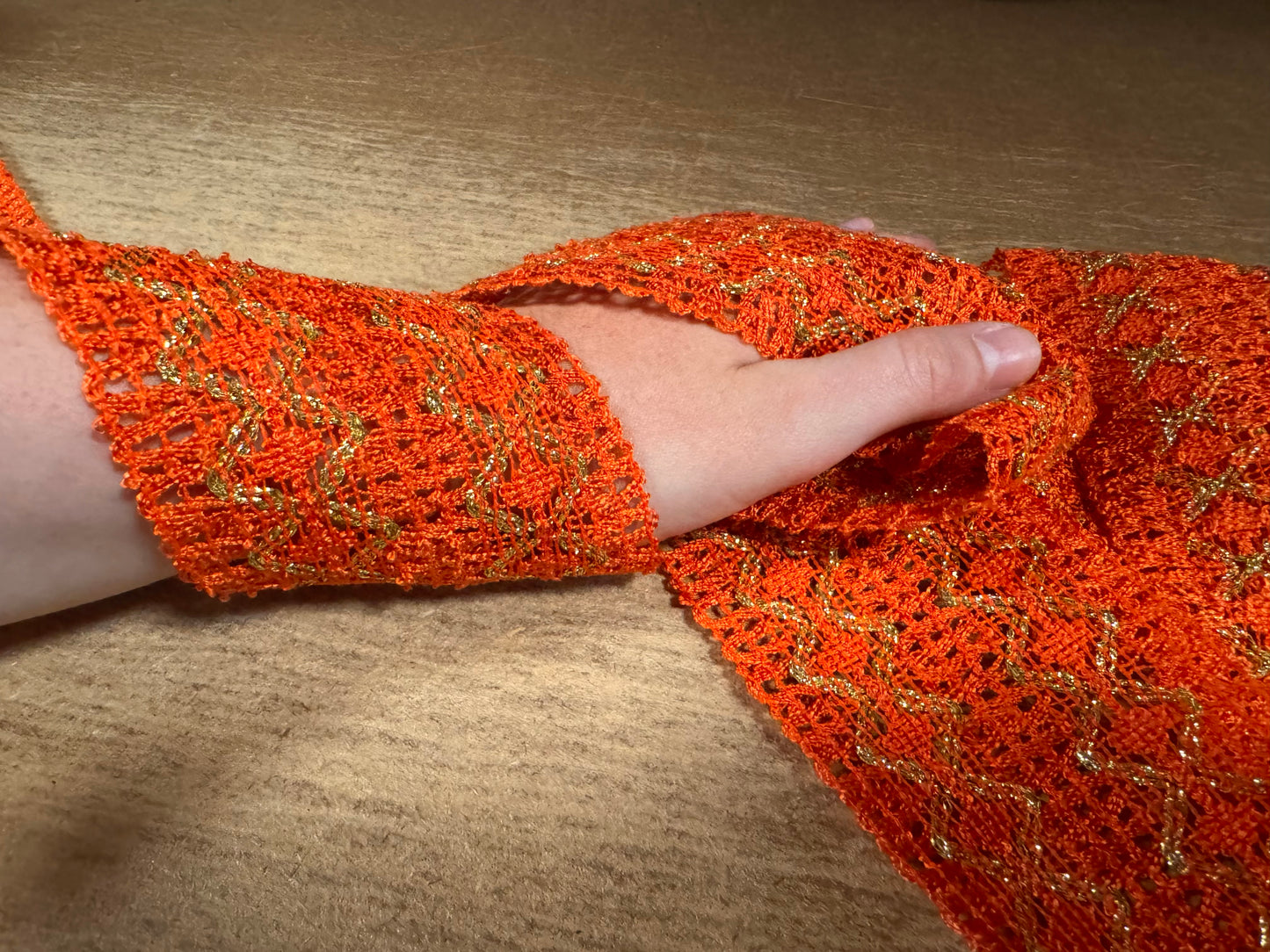 Metallic crochet lace edging trim fabric, per metre - zigzag - orange with gold lurex