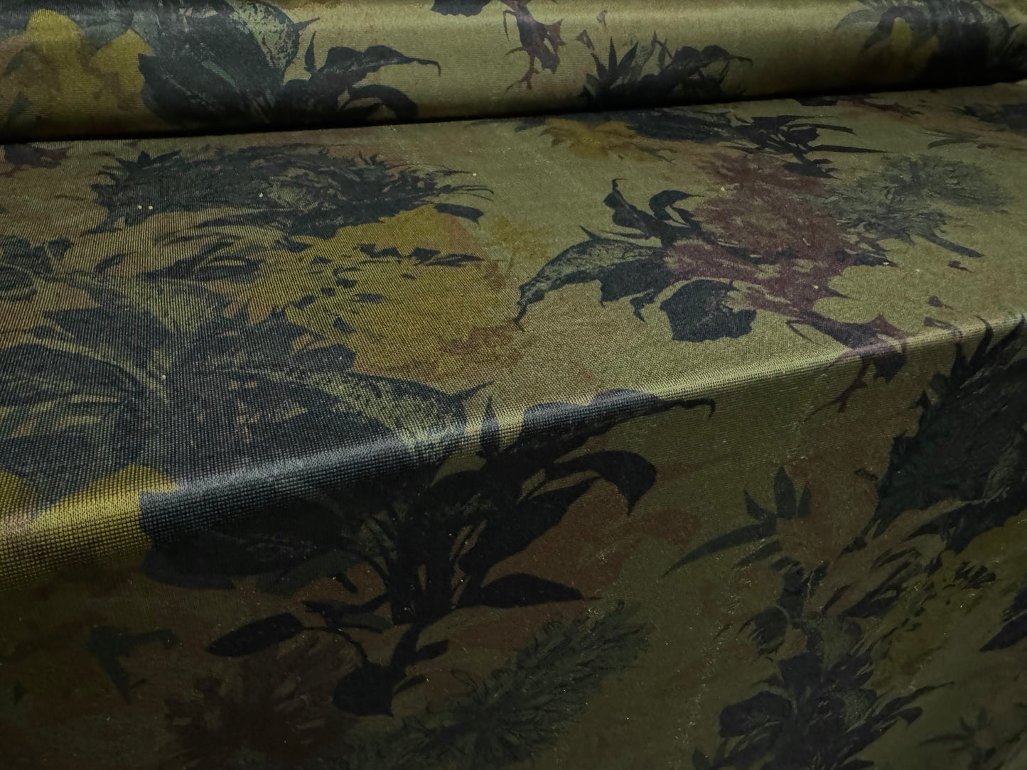 Sateen single jersey fabric, per metre - floral bouquet print - dark khaki & purple