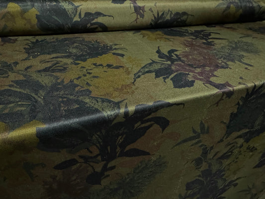 Sateen single jersey fabric, per metre - floral bouquet print - dark khaki & purple