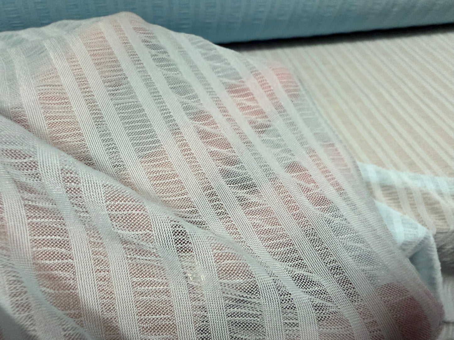 Super stretch mesh fashion fabric, per metre - tramline stripe - sky blue