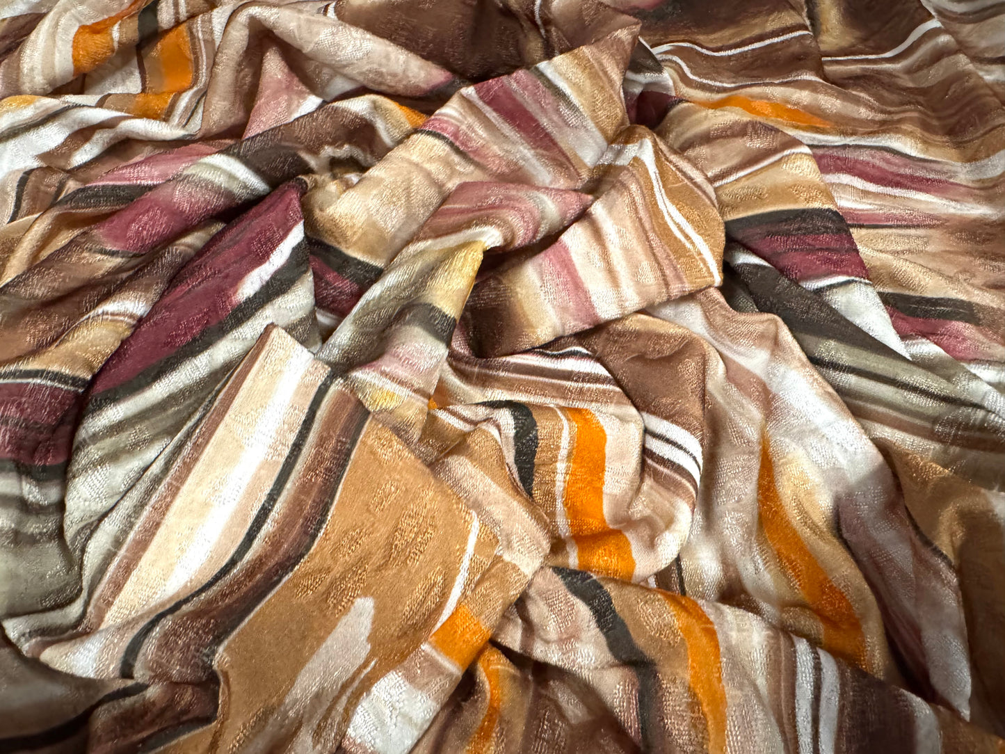 Stretch spandex jersey jacquard fabric, per metre - abstract swirl print - Earth tones