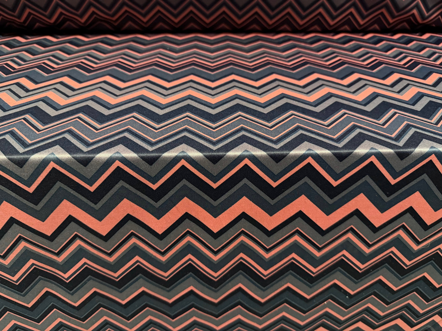 Single jersey fashion fabric - chevron zigzag print - pink & steel blue