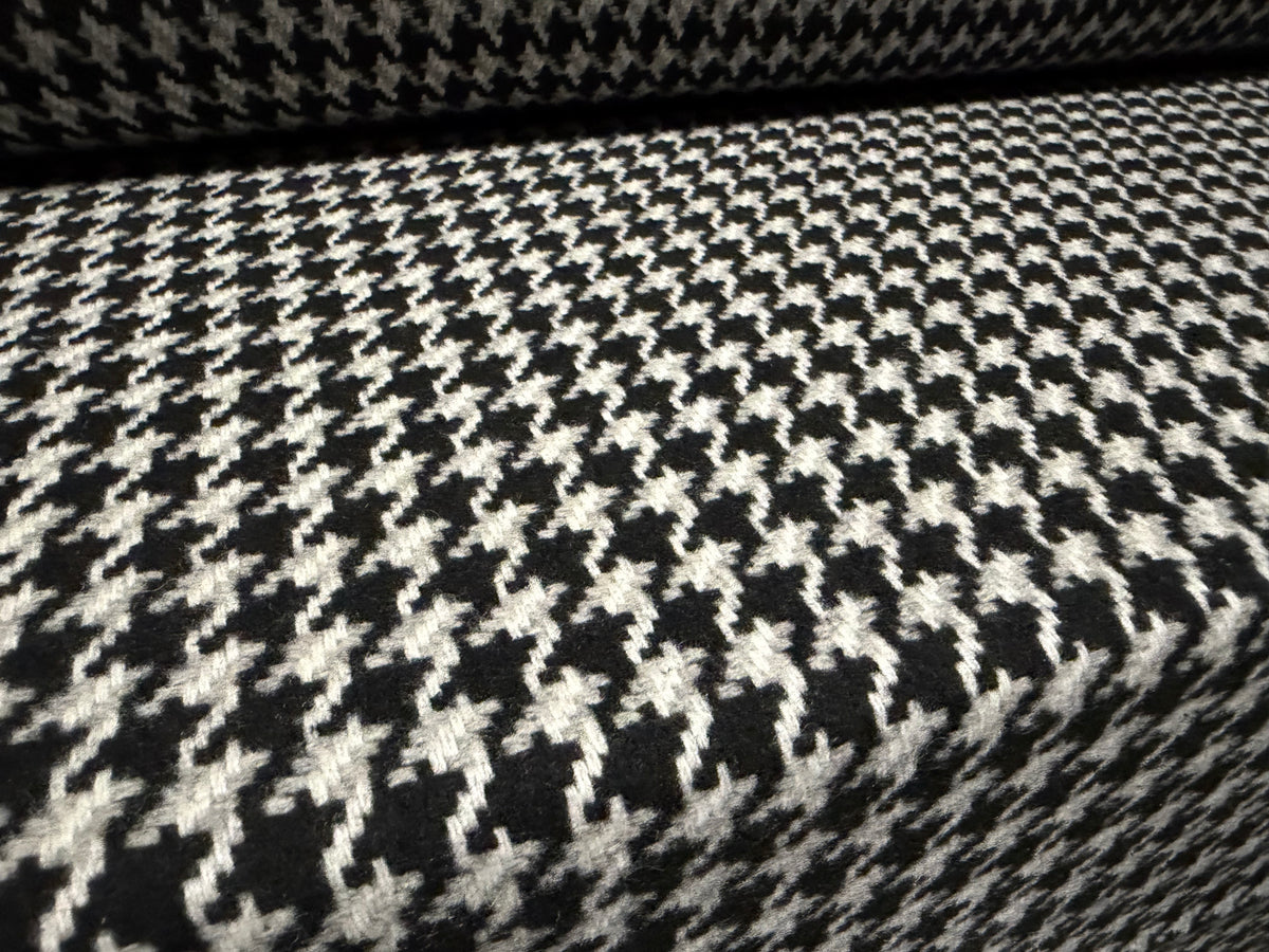 Heavyweight wool flannel fabric, per metre - houndstooth - black grey & white