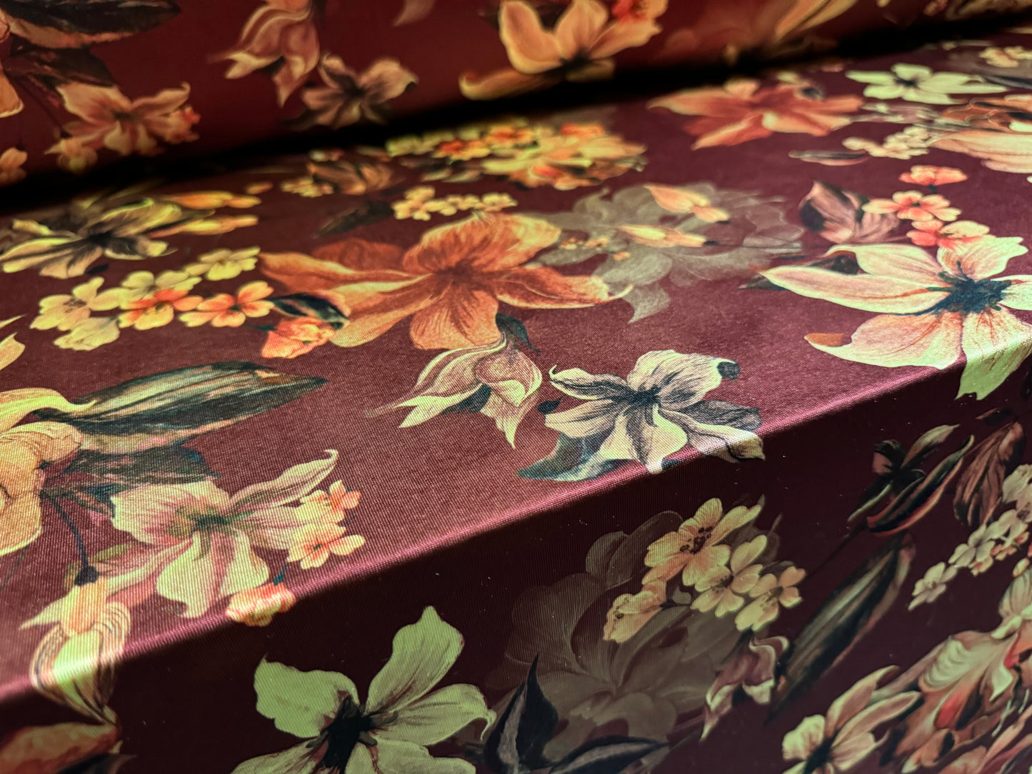 Soft touch stretch spandex single jersey fabric, per metre - lily print - chestnut brown & lime