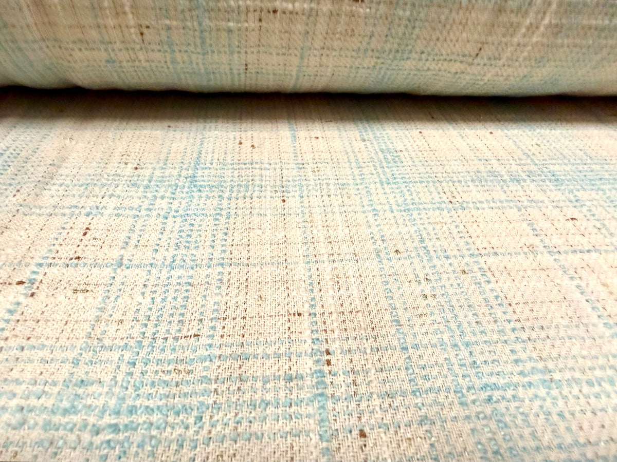 Metallic wool tweed fabric, per metre - check - turquoise & cream