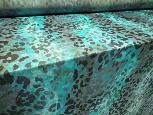 Power mesh net stretch spandex fabric, per metre - cheetah print - turquoise