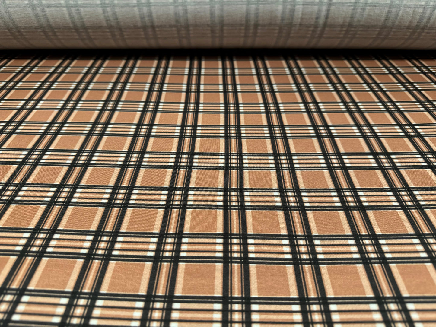 Soft handle stretch single jersey fashion fabric, per metre - tartan check print - hazelnut brown